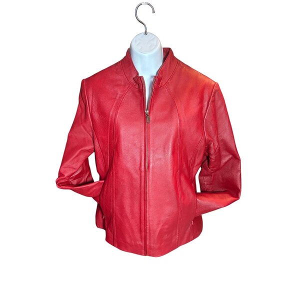 Womens Red Leather Zip-Up Jacket KC Collections M Size - Picture 4 of 13